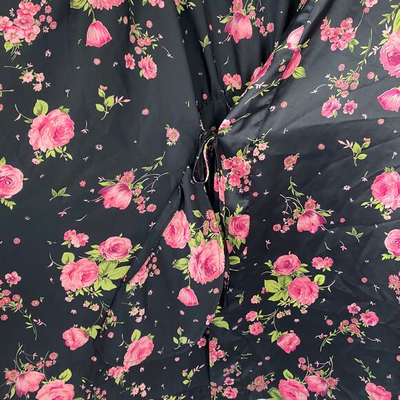 Victoria's Secret Y2K Satin Robe Black Floral Kimono Waist Tie Pink VTG One Size - Picture 12 of 13